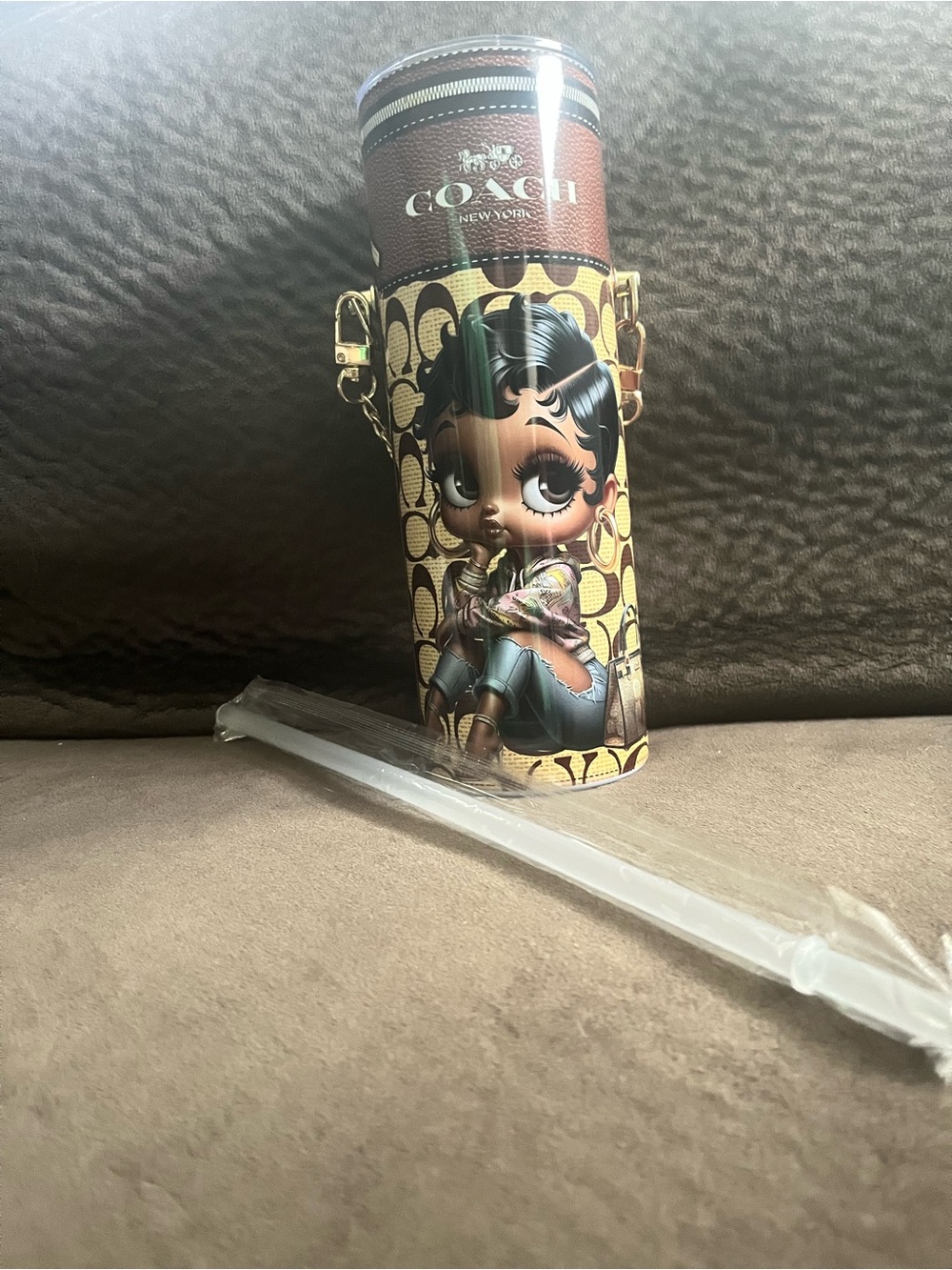 Coach Brown Signature Cylindrical Bottle Case with Colorful Cartoon Girl Graphic